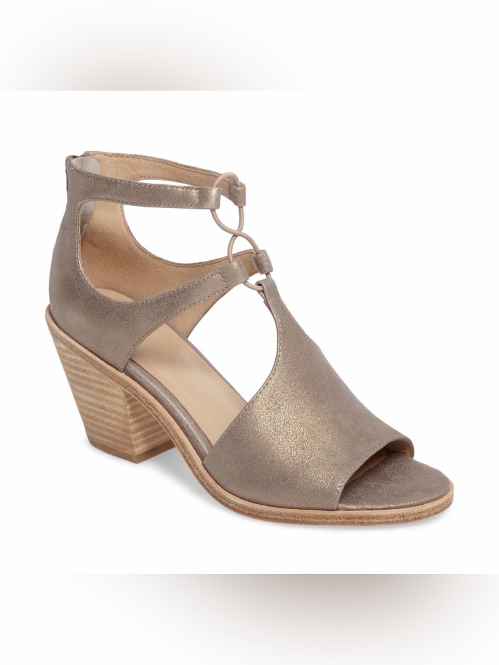 Eileen Fisher Lou Platinum Metallic Suede Open Toe Block Heel Sandal 8